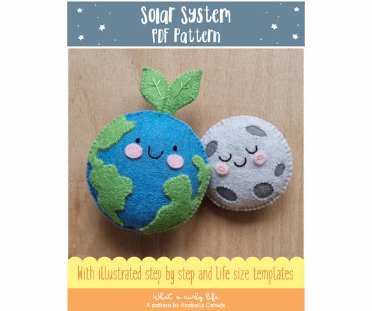a felt moon and Earth representing the final items you can make with this pdf pattern