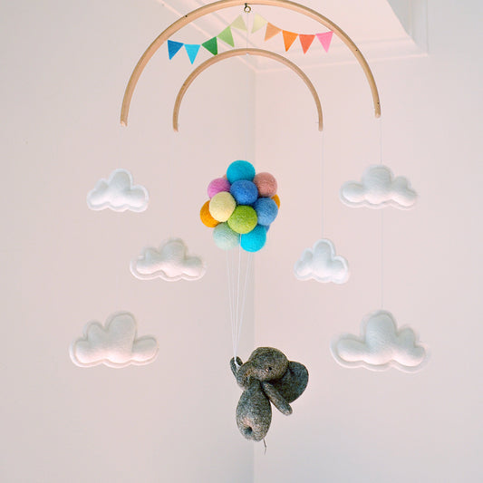 Elephant Flying with Pastel Rainbow Balloons