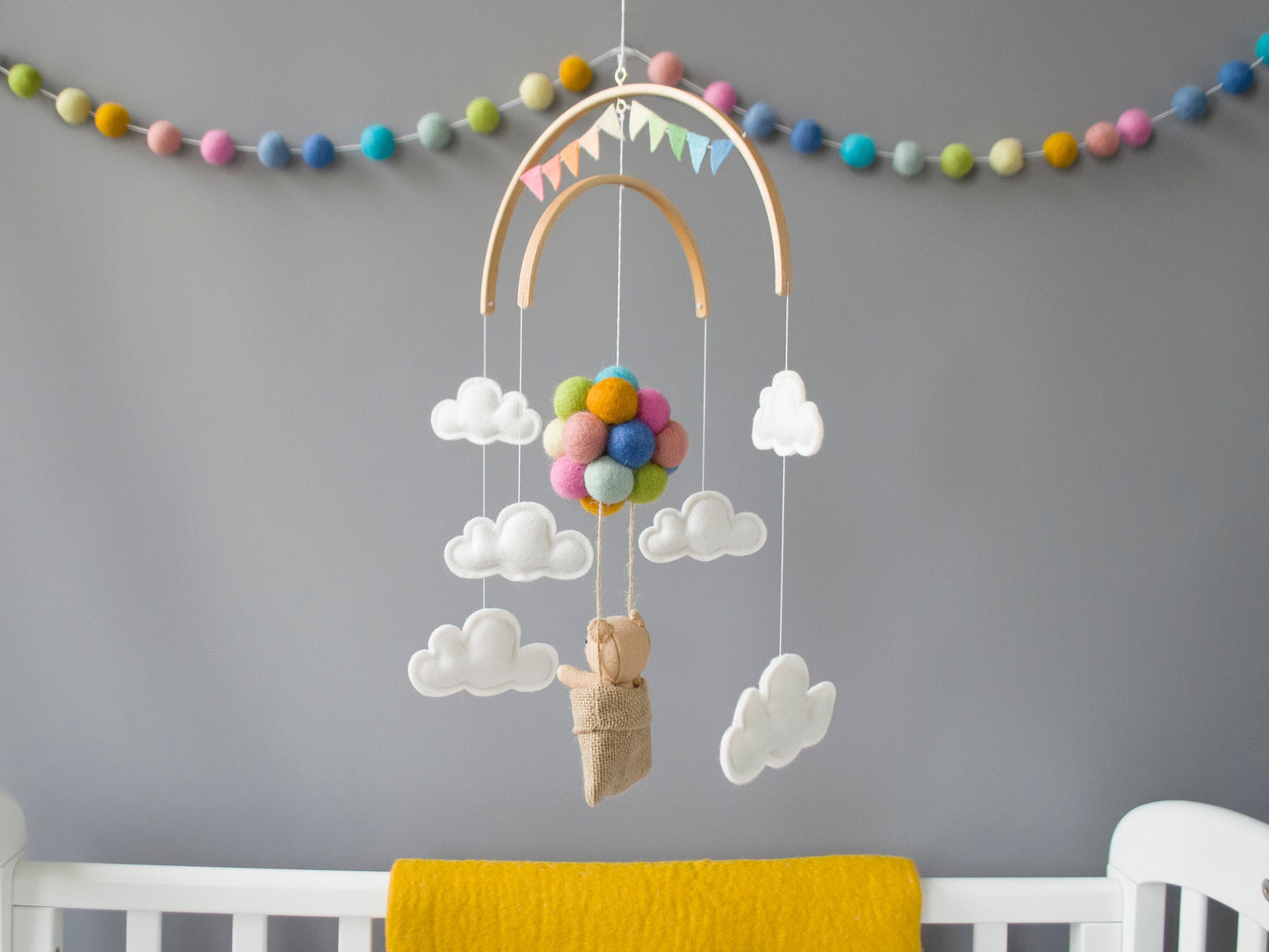 Teddy Bear in Hot air balloon, Pastel Rainbow Colours