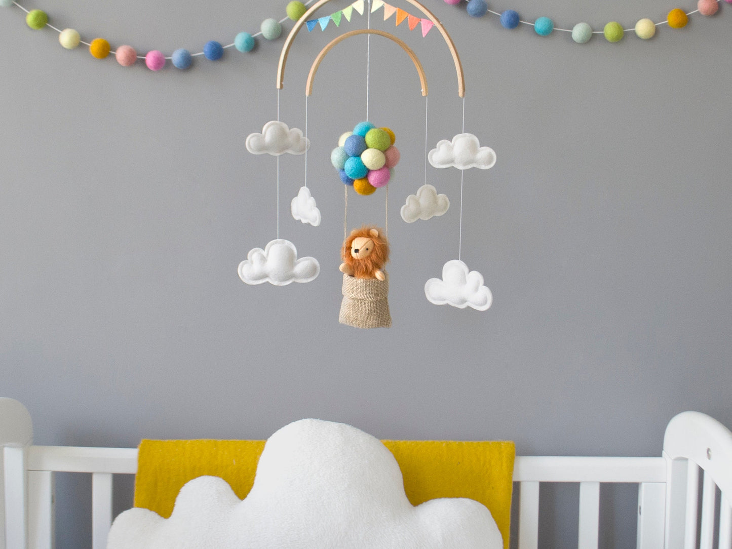 Lion in hot air balloons, pastel rainbow colours