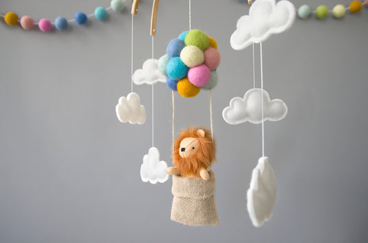 Lion in hot air balloons, pastel rainbow colours