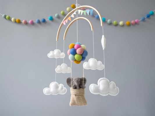 Baby Elephant in hot air balloon, Pastel Rainbow colours