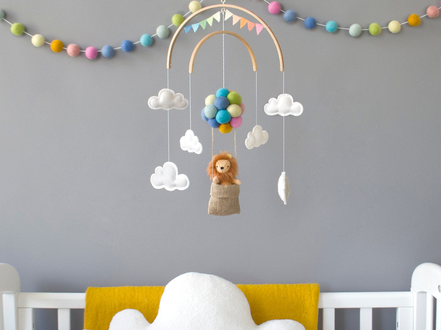 Lion in hot air balloons, pastel rainbow colours