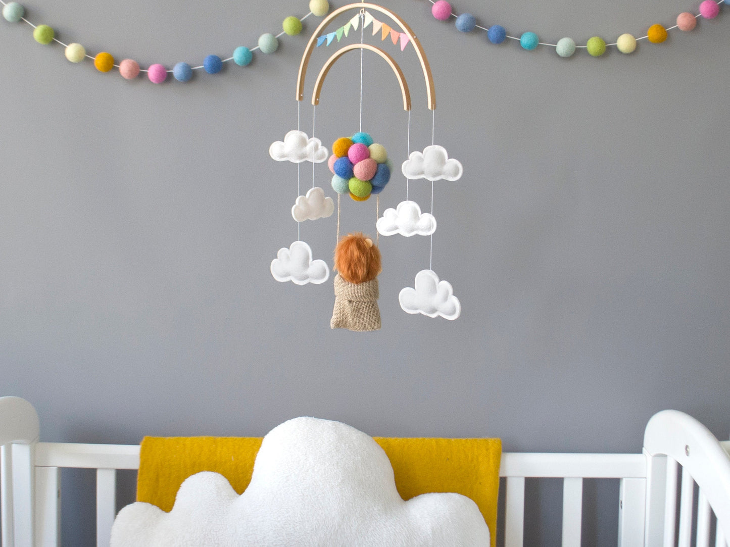 Lion in hot air balloons, pastel rainbow colours